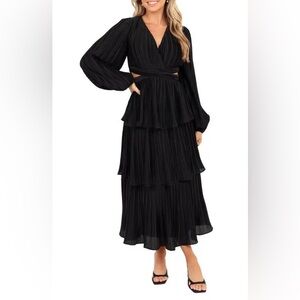NEW Petal & Pup Pippa Black Pleated Tiered Maxi Dress with Cutout Waist XS